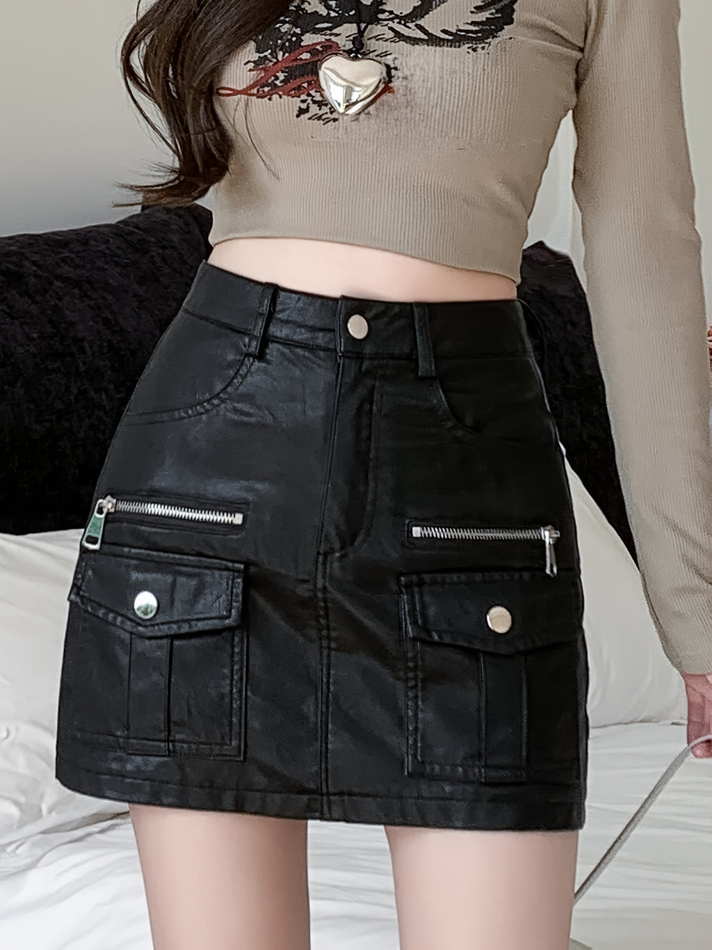 Black Faux Leather Cargo Mini Skirt