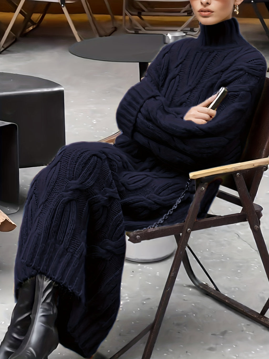 Navy Cable Knit Turtleneck Maxi Dress