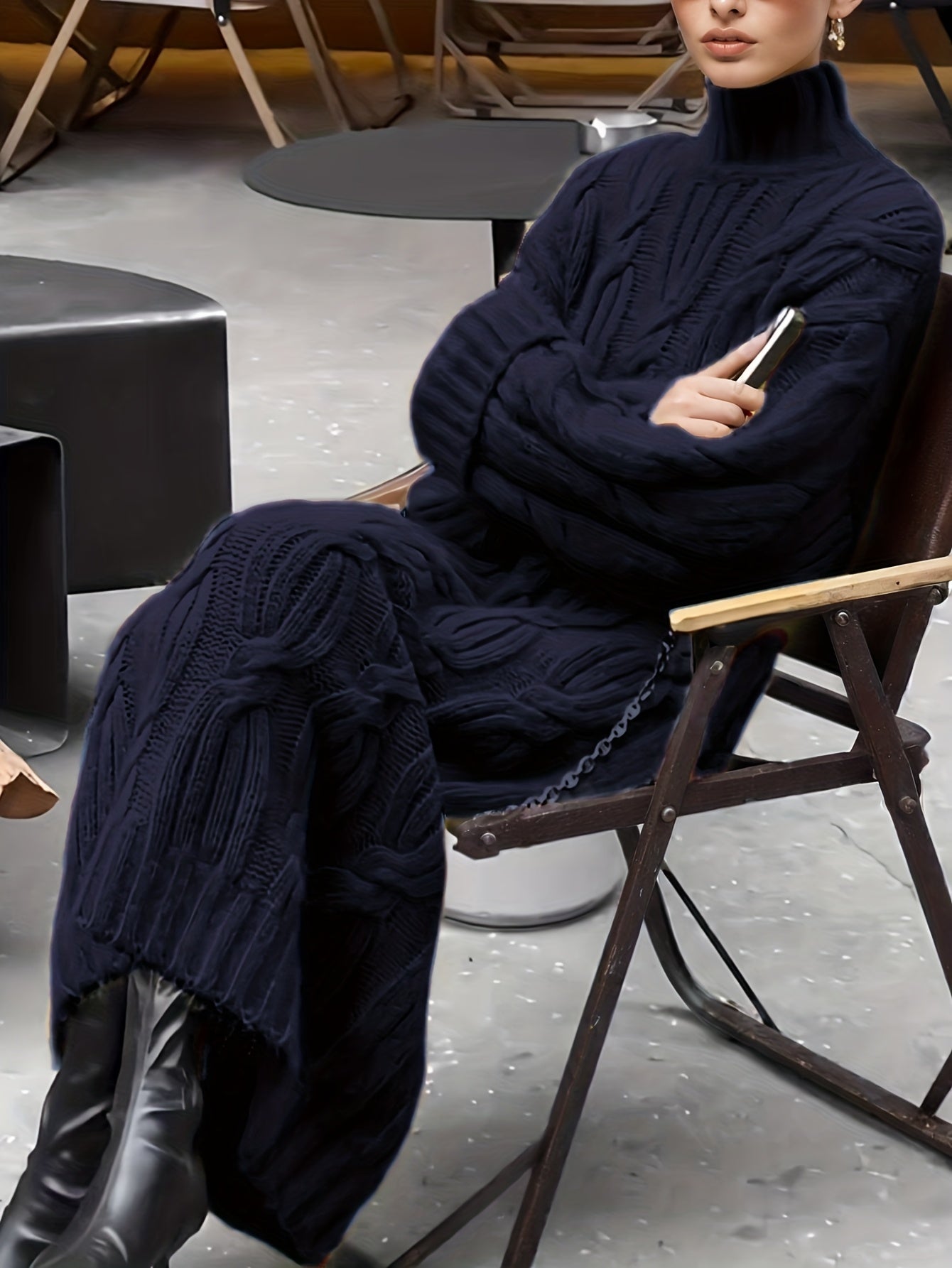 Navy Cable Knit Turtleneck Maxi Dress