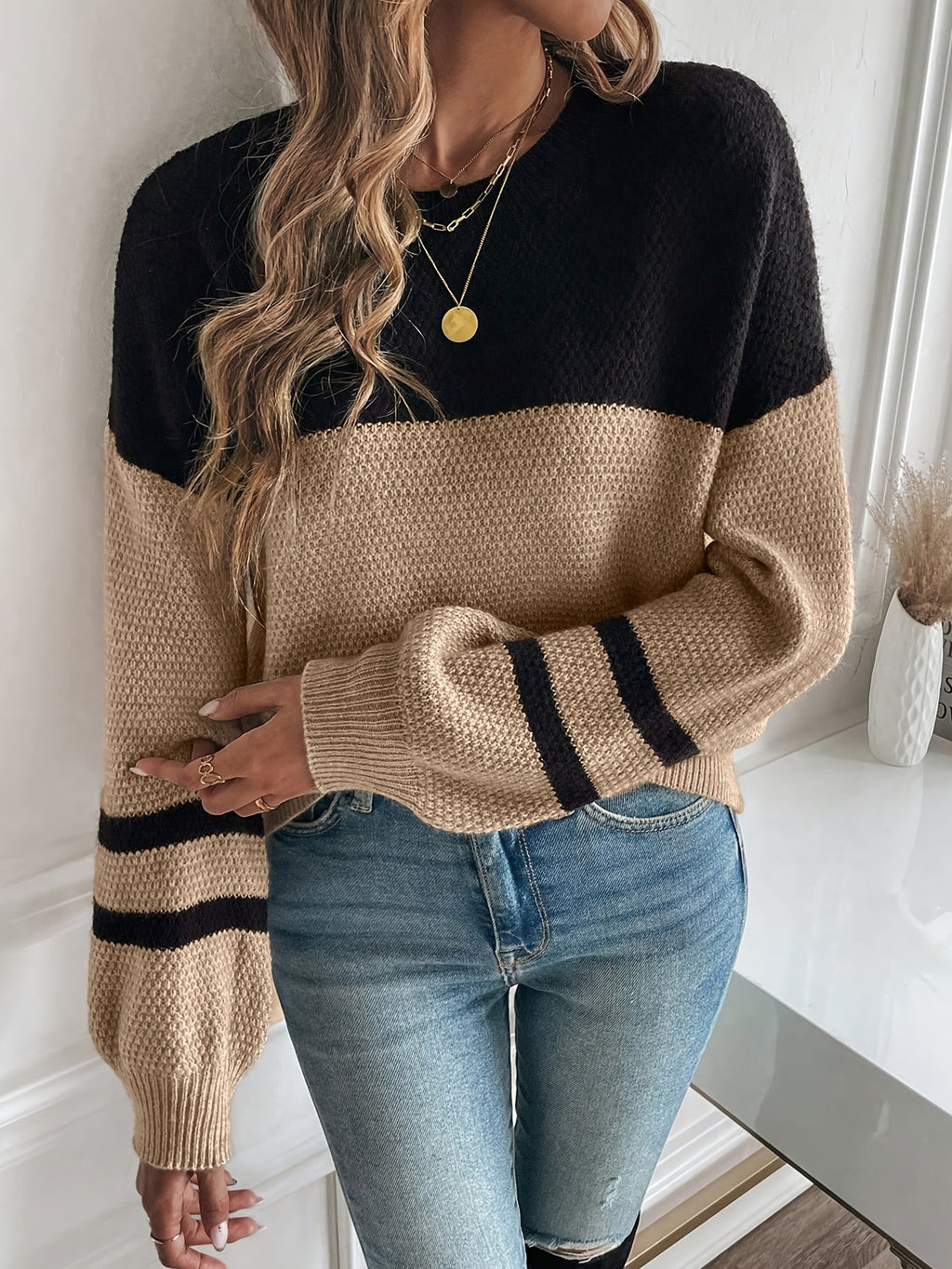 Black & Tan Color Block Knit Sweater