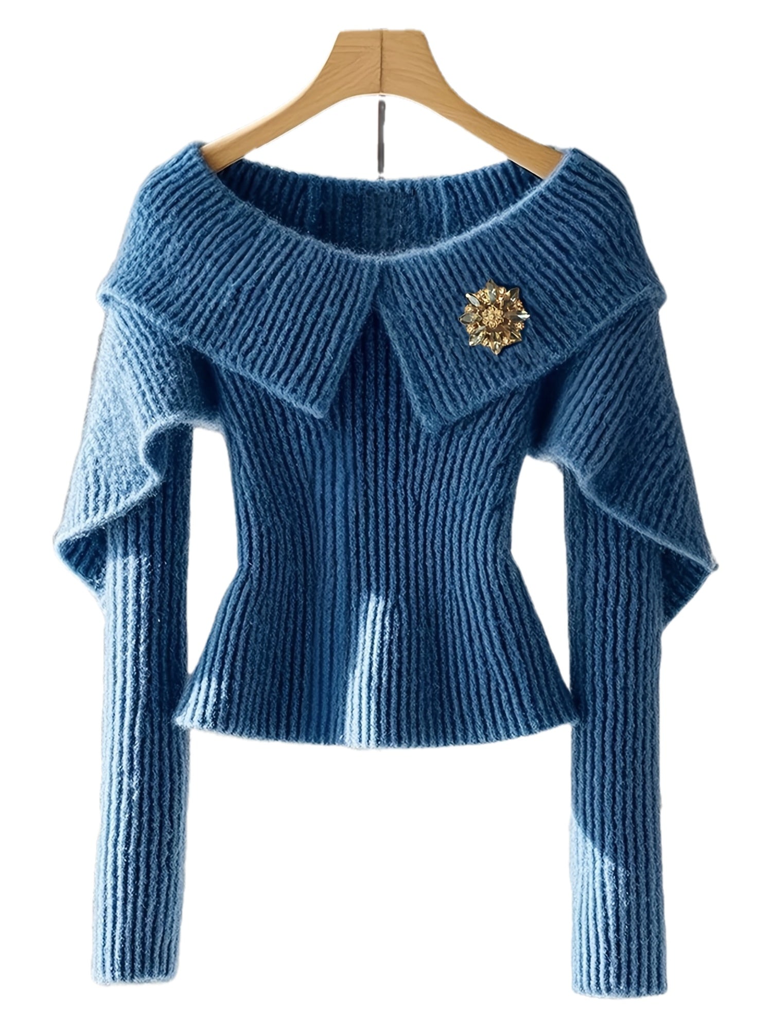 Blue Off-Shoulder Fitted Knit Top with Brooch