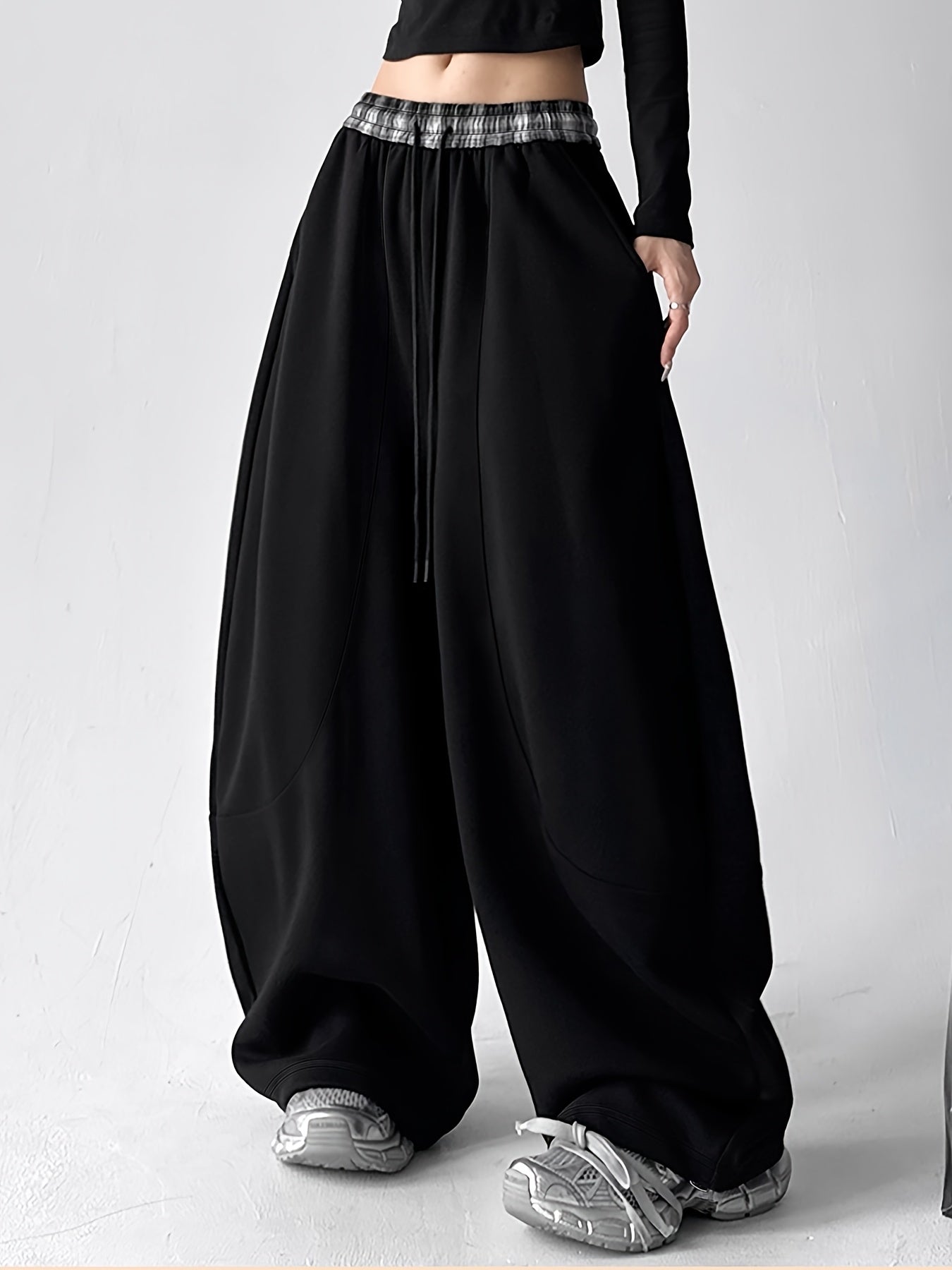 Black Oversized Wide-Leg Pants with Plaid Details