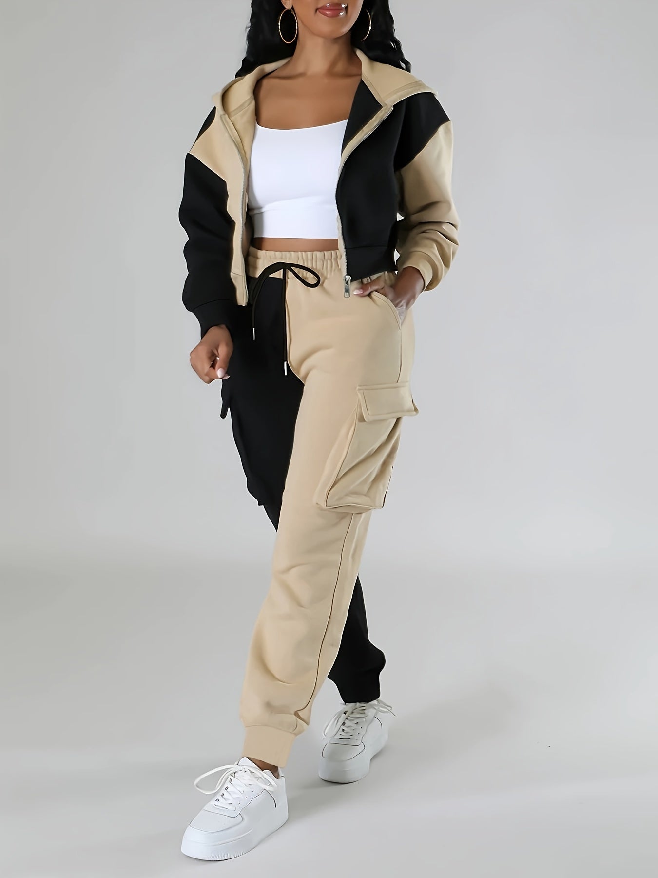 Black & Beige Two-Tone Tracksuit Set