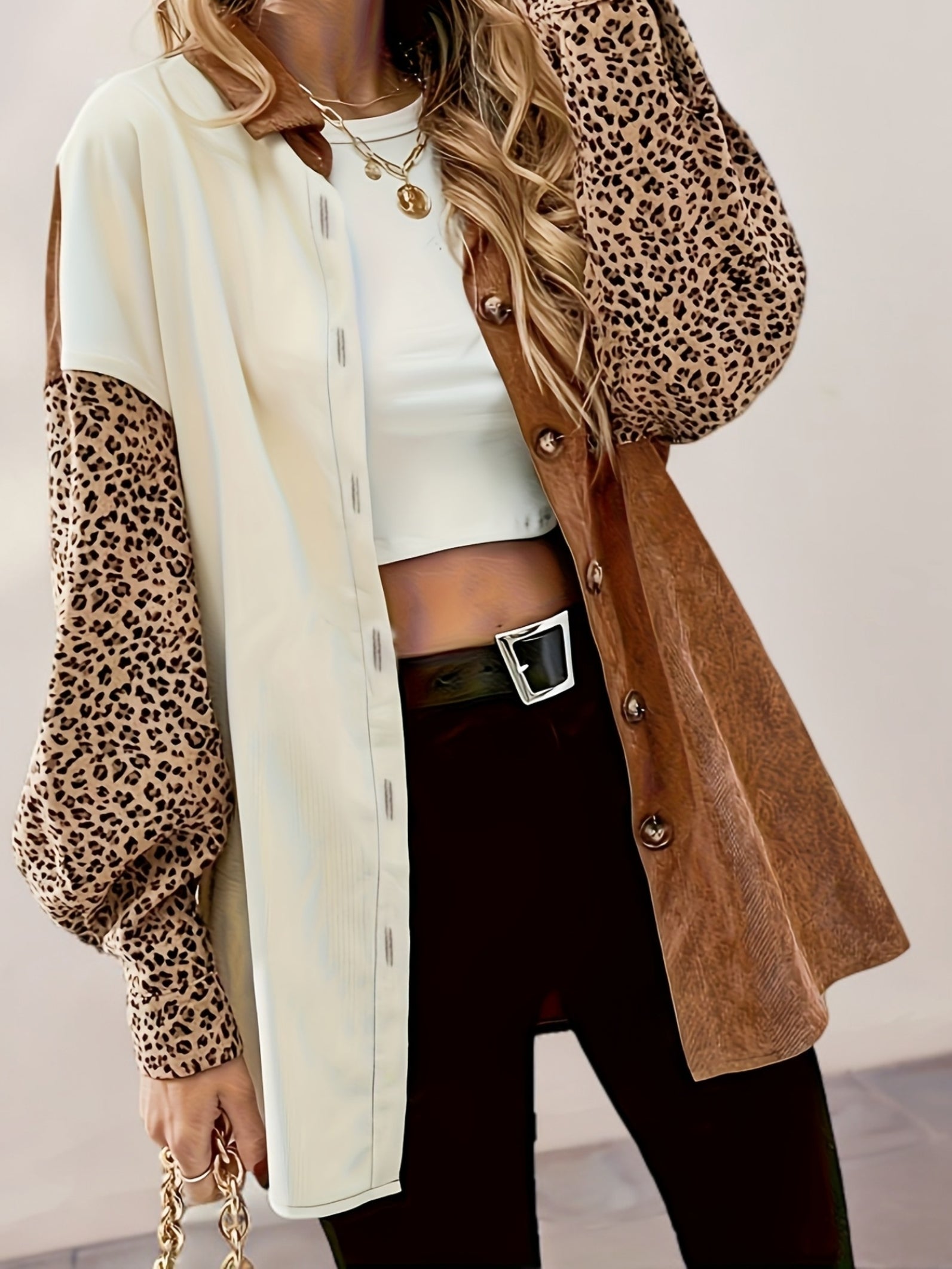 Leopard Print & Corduroy Color Block Button-Down Shirt
