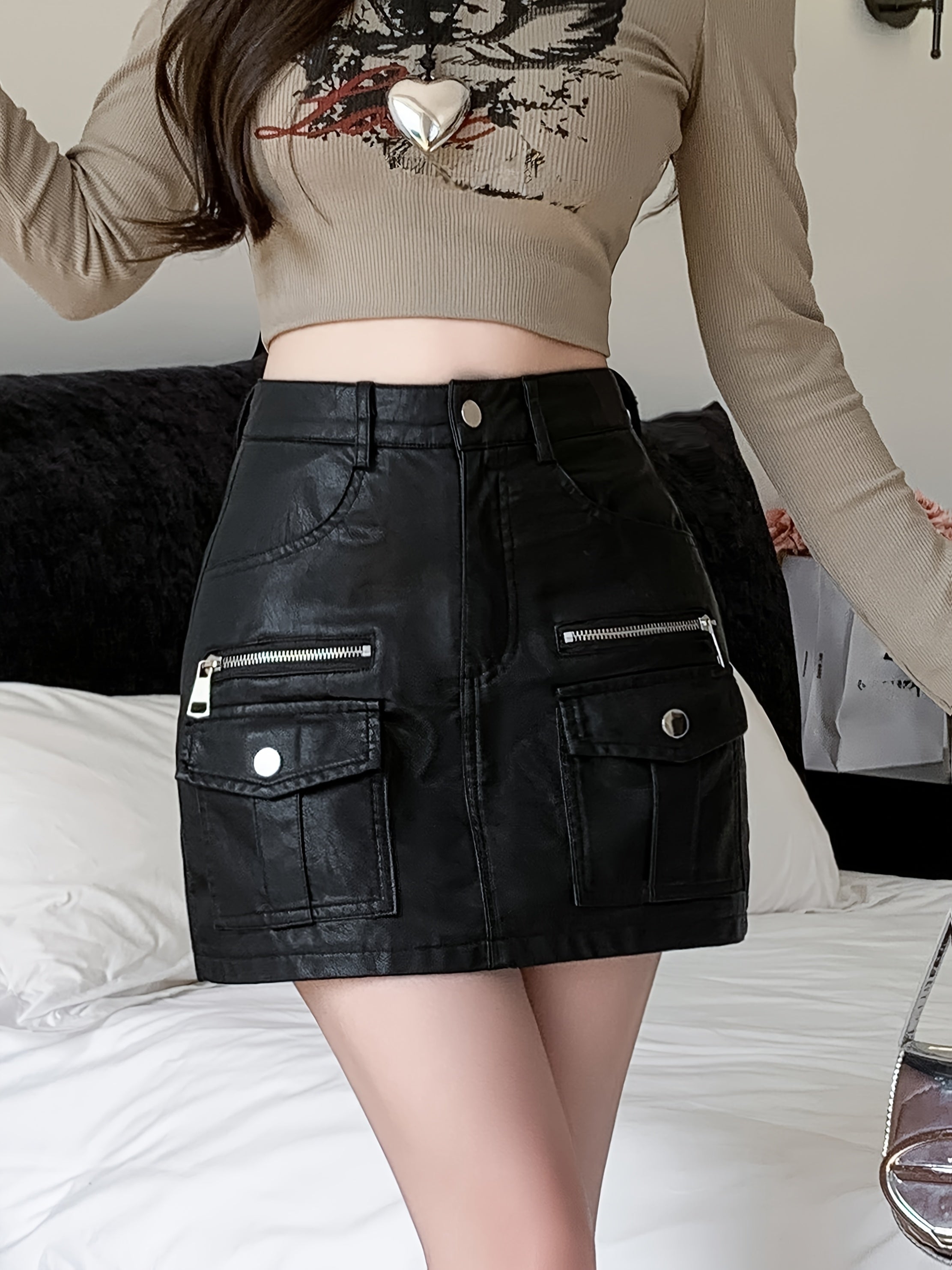 Black Faux Leather Cargo Mini Skirt