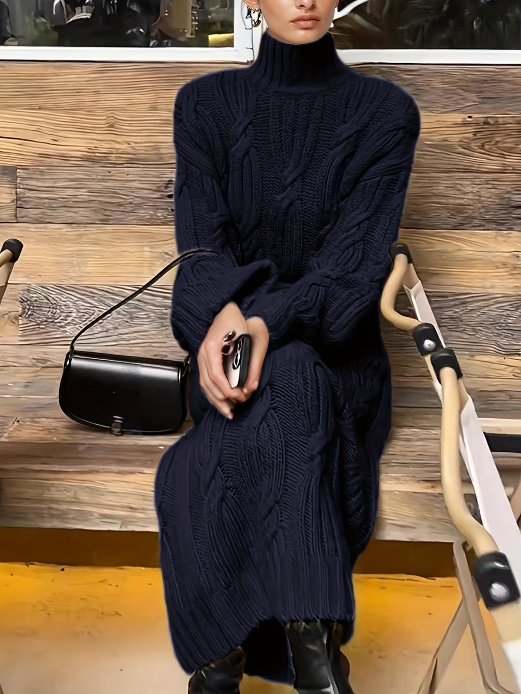 Navy Cable Knit Turtleneck Maxi Dress