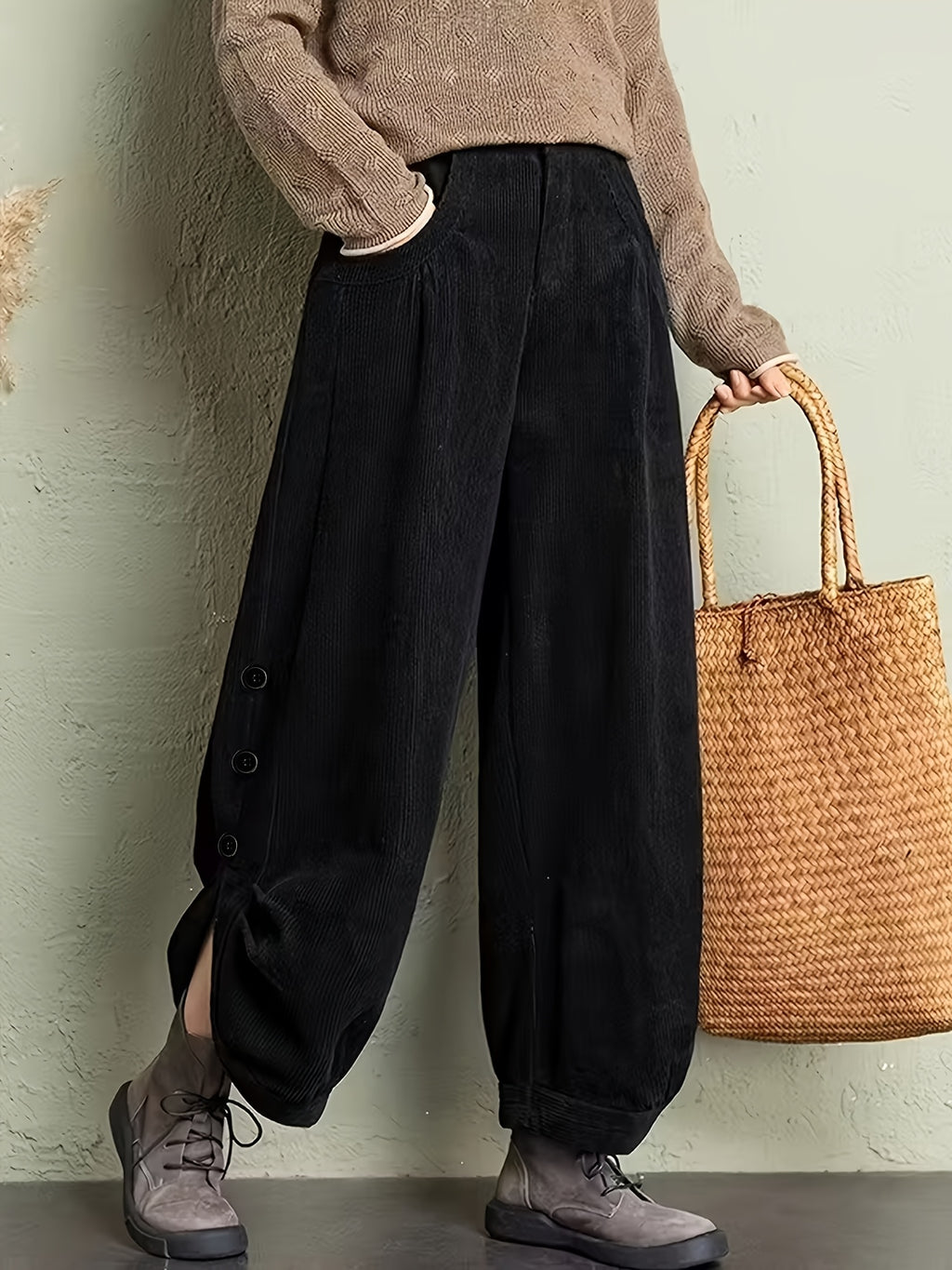 Black Corduroy Balloon Pants with Buttoned Slits
