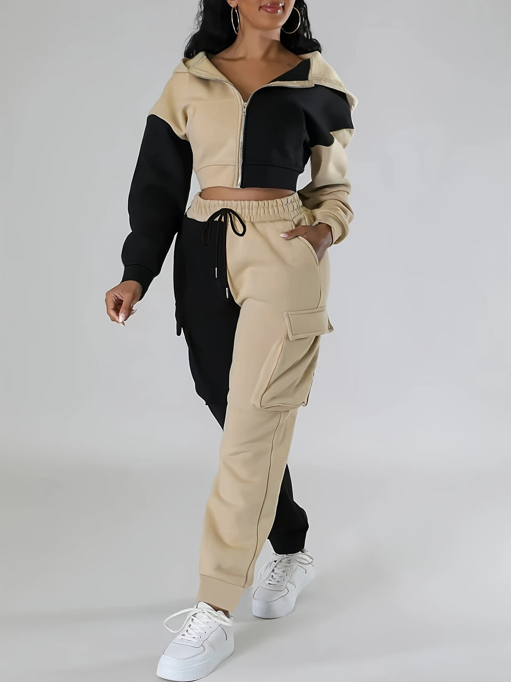 Black & Beige Two-Tone Tracksuit Set