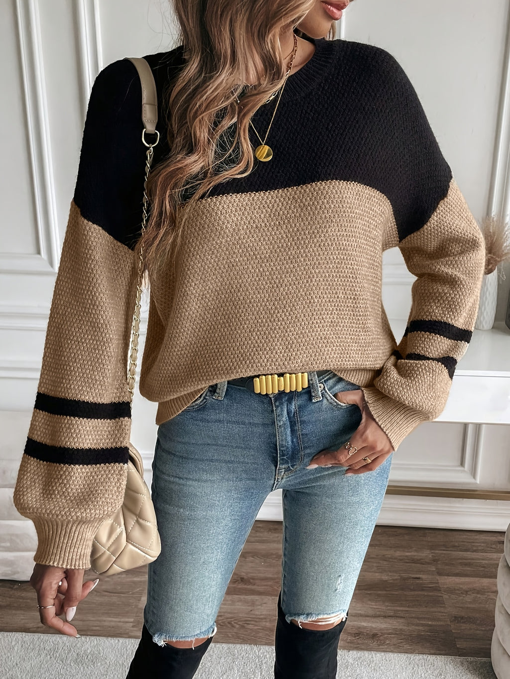 Black & Tan Color Block Knit Sweater
