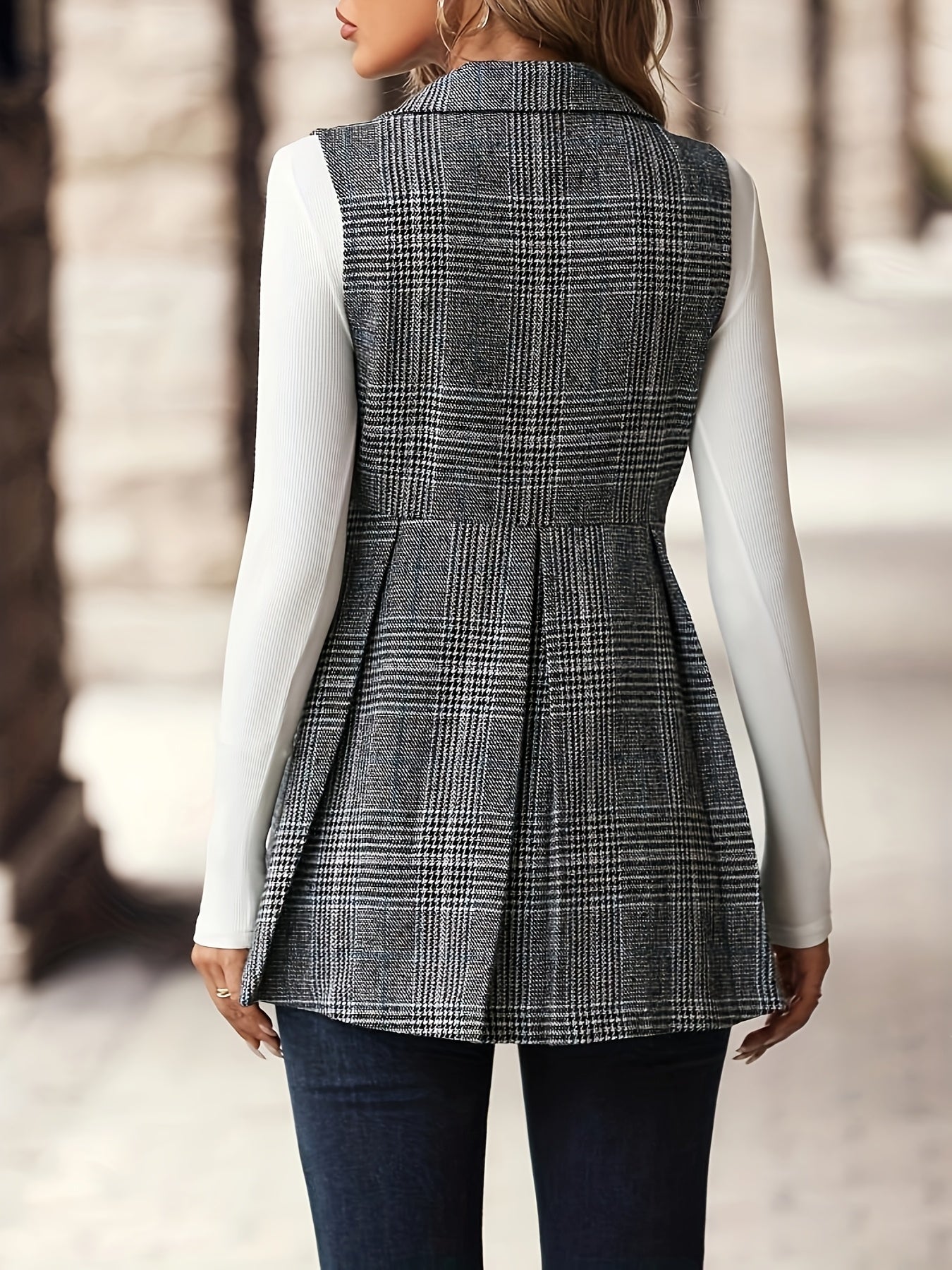 Grey Plaid Sleeveless Blazer Vest