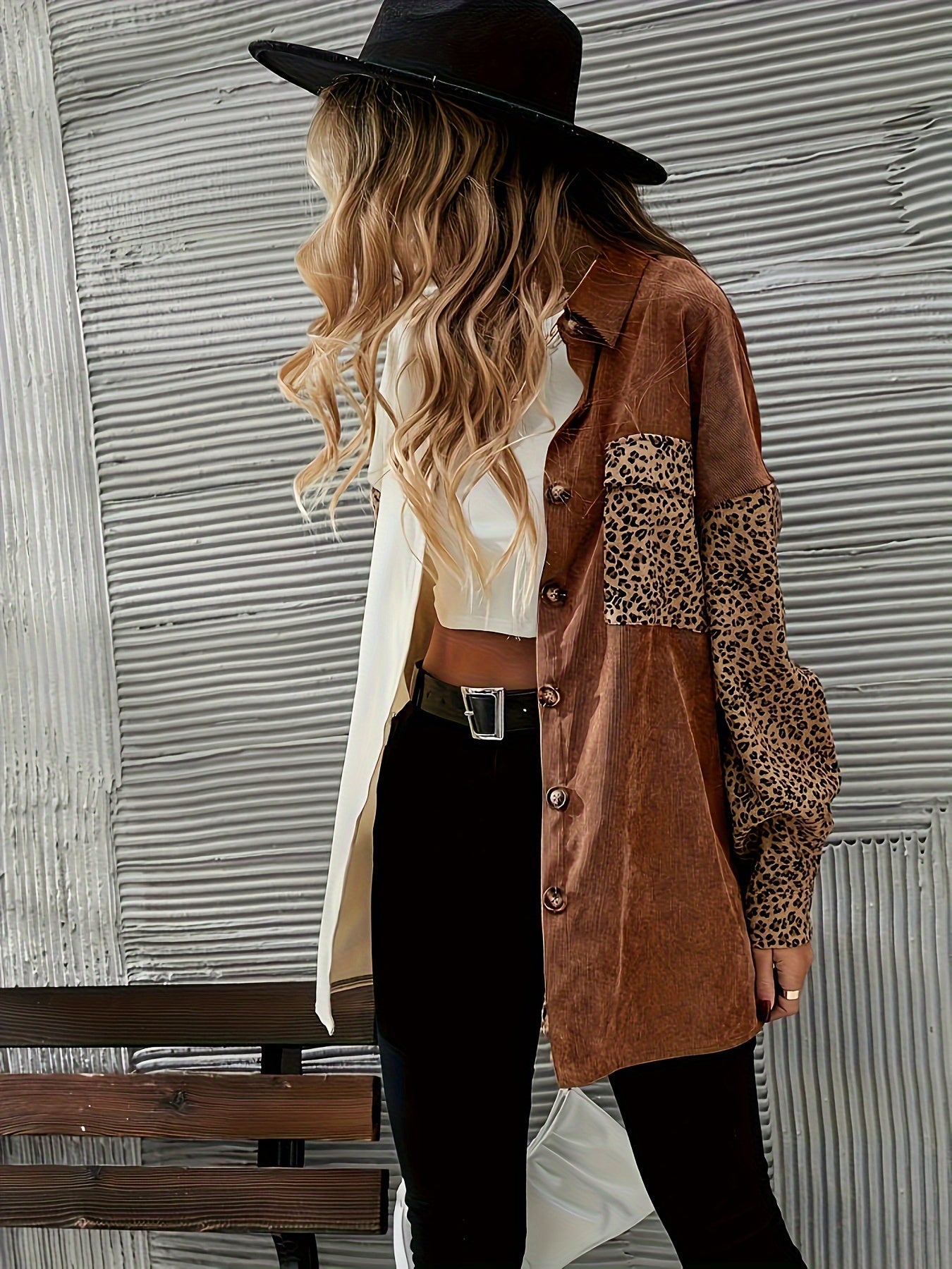 Leopard Print & Corduroy Color Block Button-Down Shirt