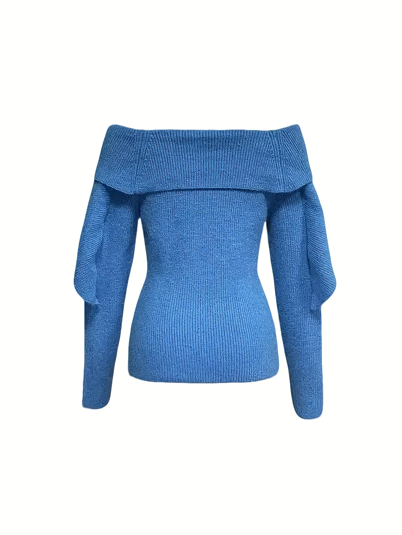Blue Off-Shoulder Fitted Knit Top with Brooch