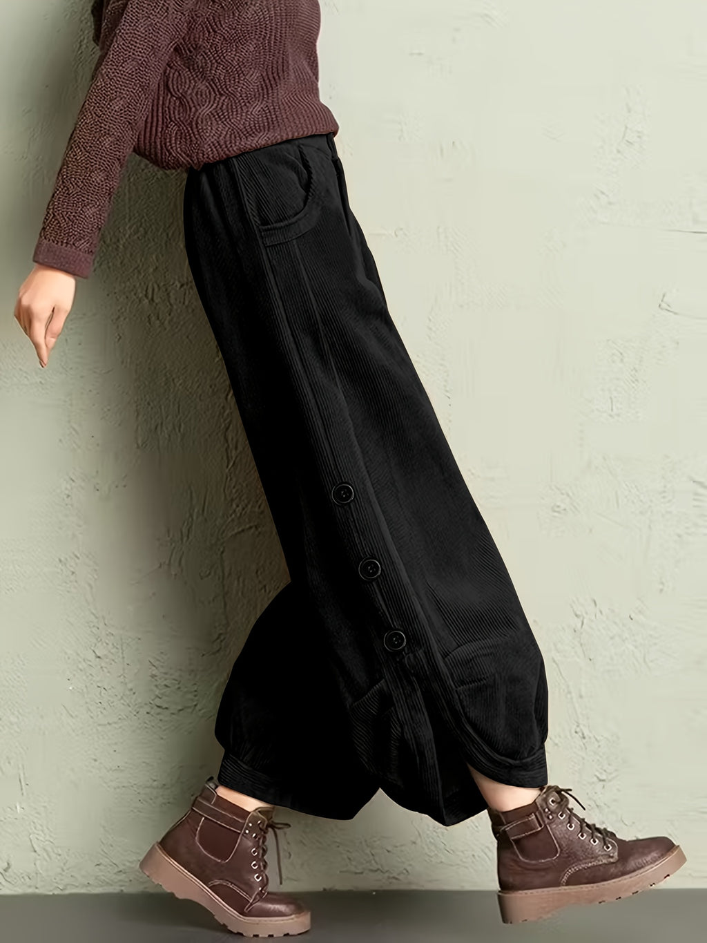Black Corduroy Balloon Pants with Buttoned Slits
