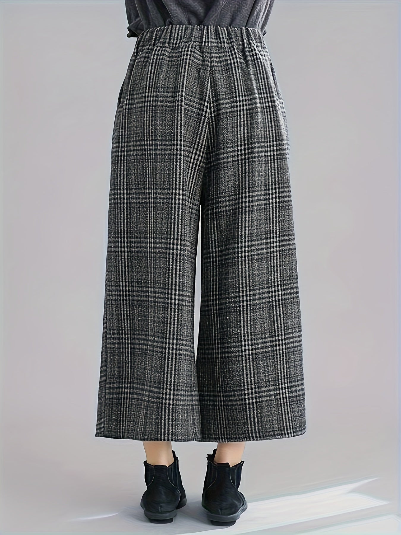 Grey Plaid Wide-Leg Cropped Pants
