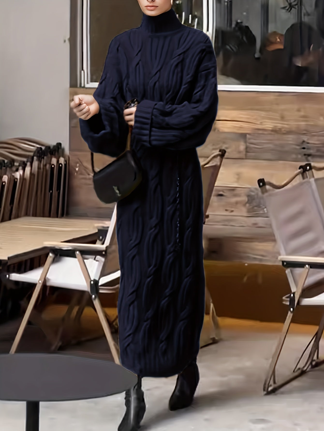 Navy Cable Knit Turtleneck Maxi Dress