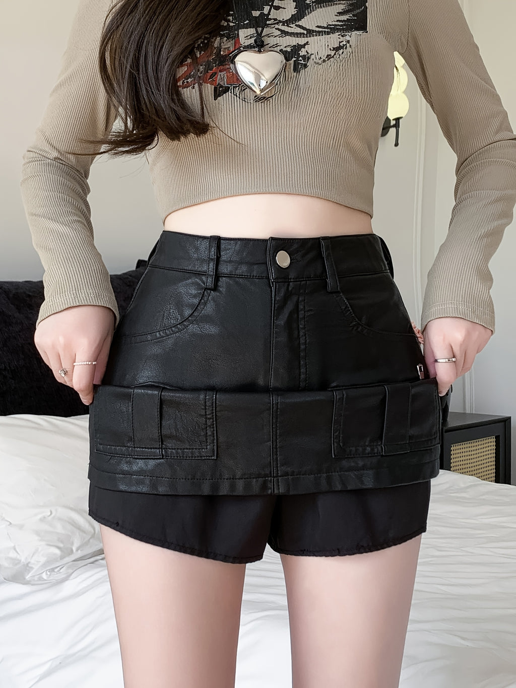 Black Faux Leather Cargo Mini Skirt