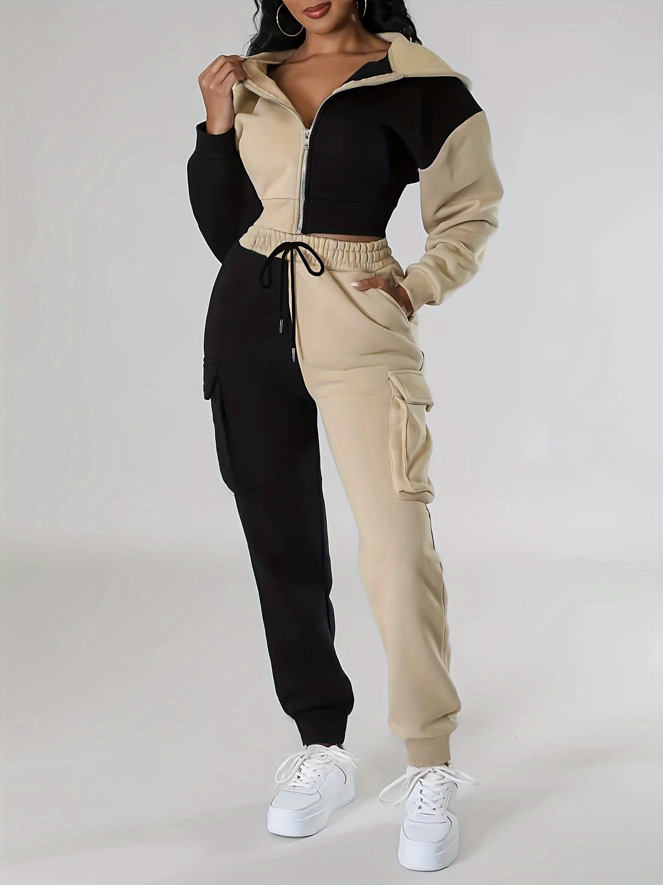 Black & Beige Two-Tone Tracksuit Set