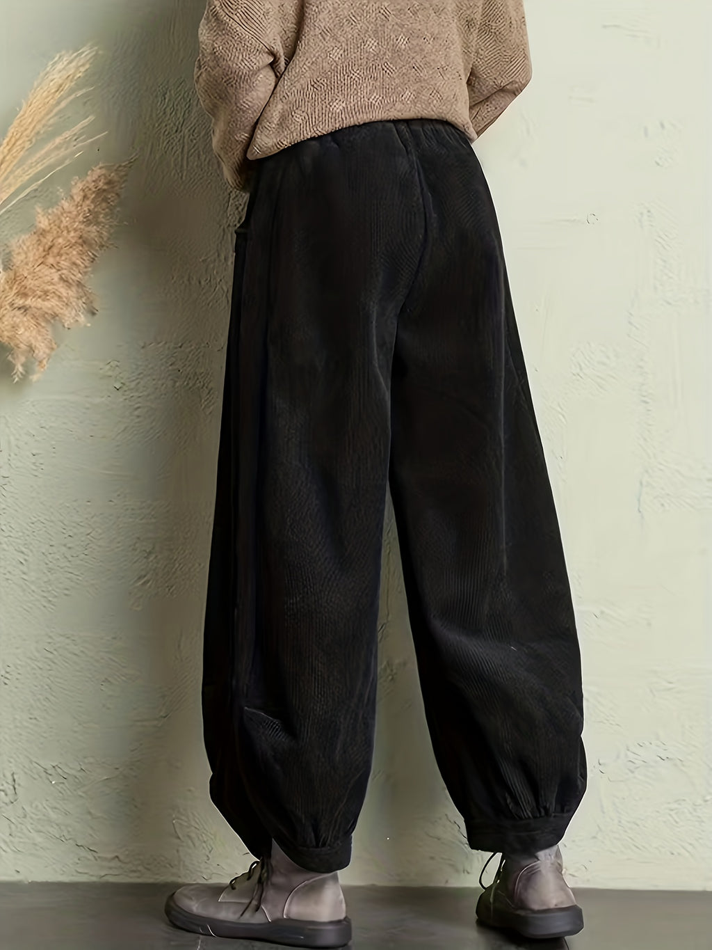 Black Corduroy Balloon Pants with Buttoned Slits