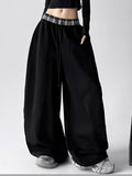 Black Oversized Wide-Leg Pants with Plaid Details