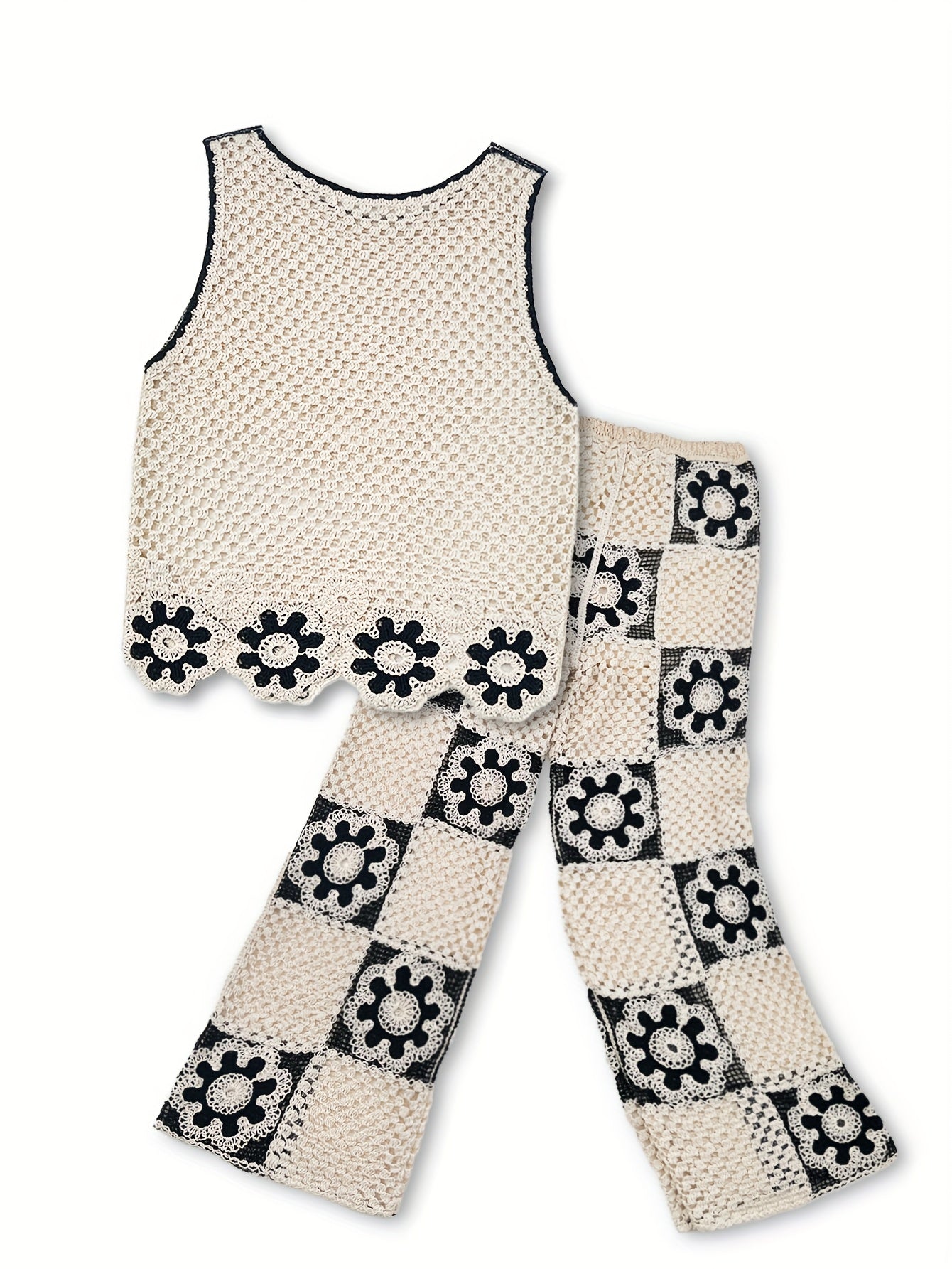 Black & White Crochet Floral Two-Piece Set