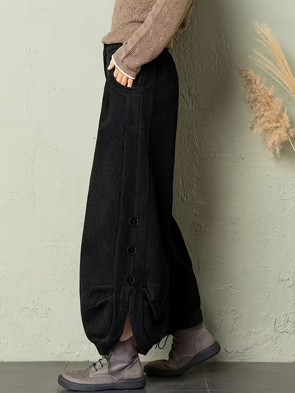 Black Corduroy Balloon Pants with Buttoned Slits