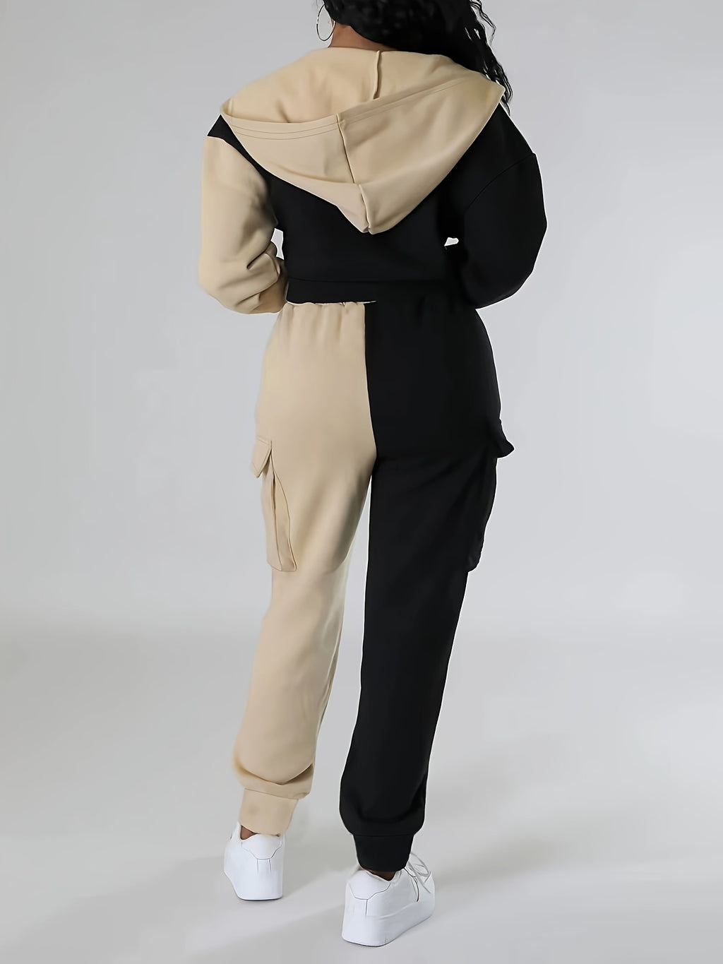 Black & Beige Two-Tone Tracksuit Set