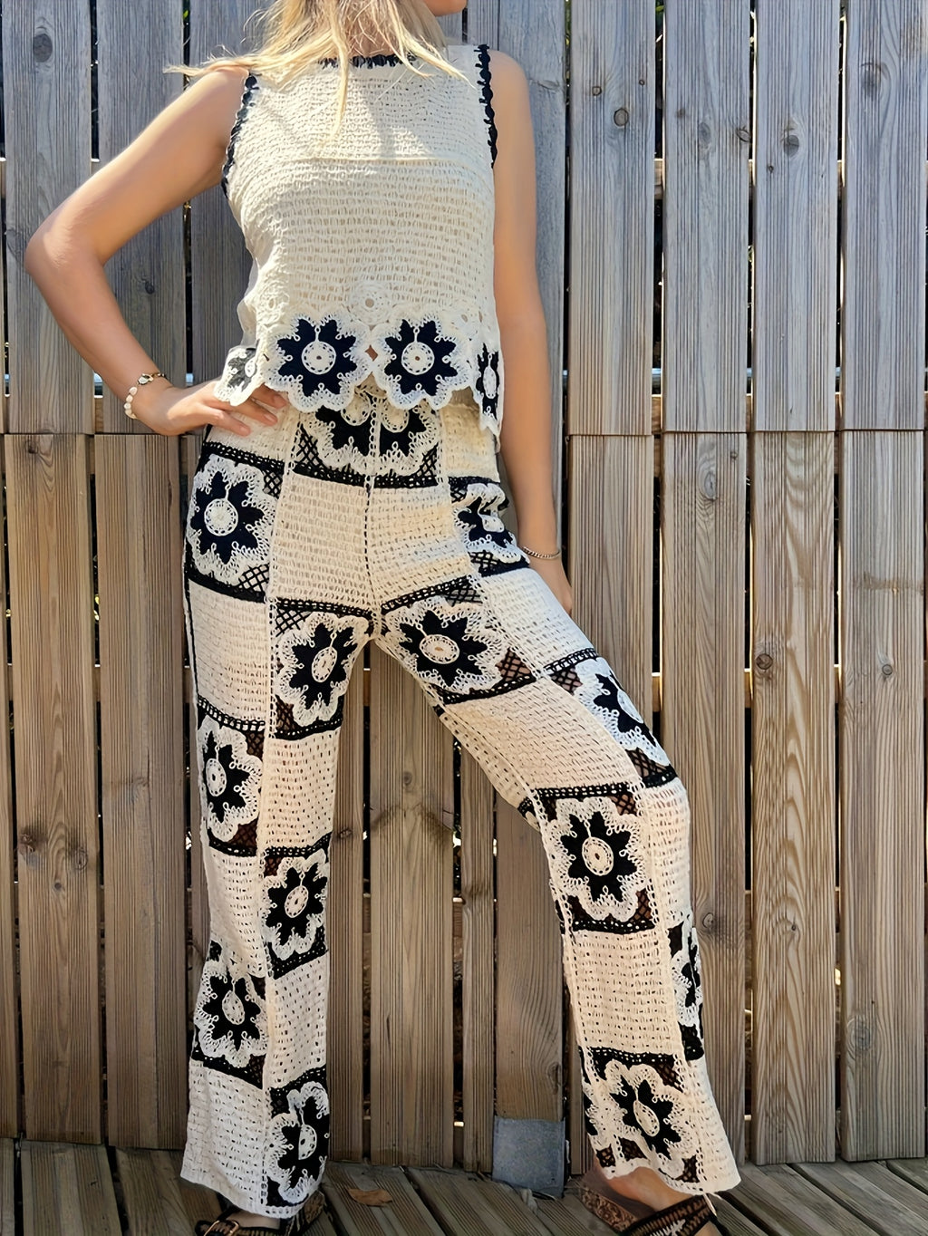 Black & White Crochet Floral Two-Piece Set