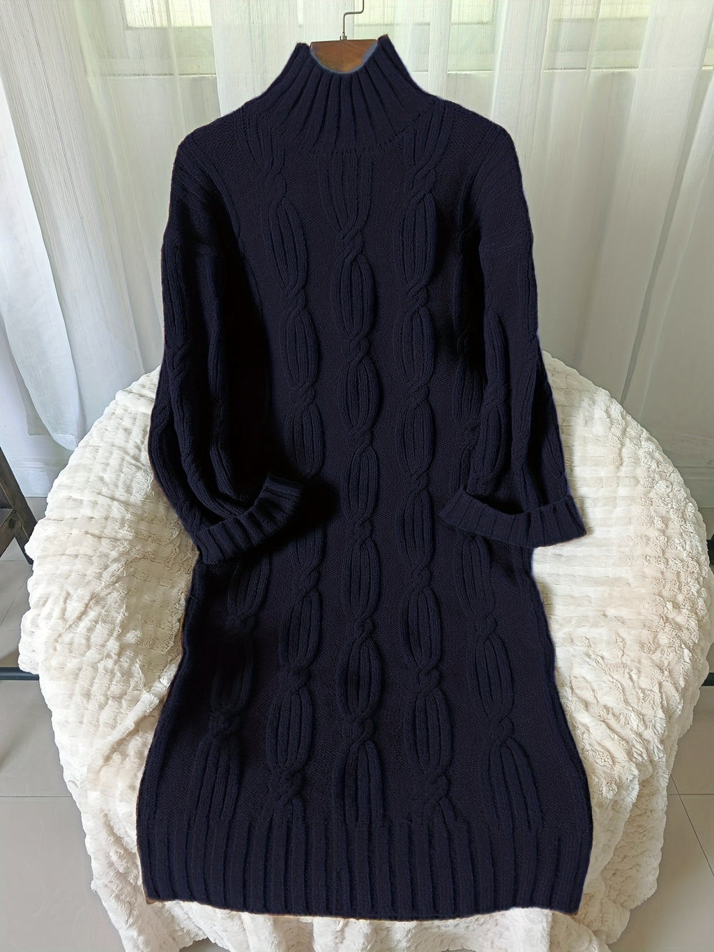 Navy Cable Knit Turtleneck Maxi Dress
