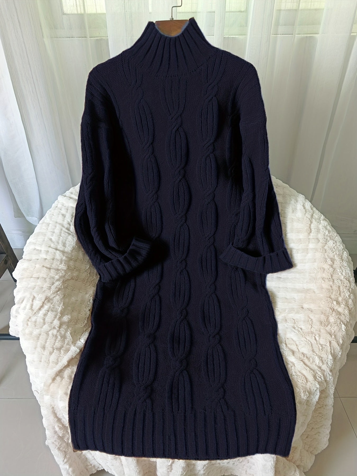 Navy Cable Knit Turtleneck Maxi Dress