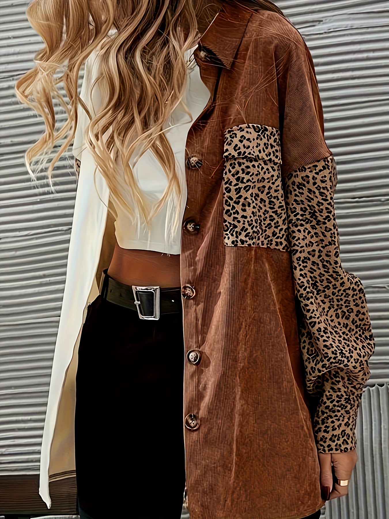 Leopard Print & Corduroy Color Block Button-Down Shirt