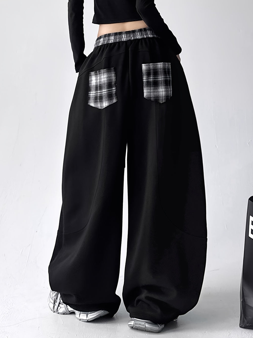 Black Oversized Wide-Leg Pants with Plaid Details